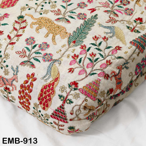 Indian Embroidered Unbleached Cotton Fabric by the Yard Flex Cotton Embroidery Summer Jackets Women Dresses Kids Bags Table Runner Sewing