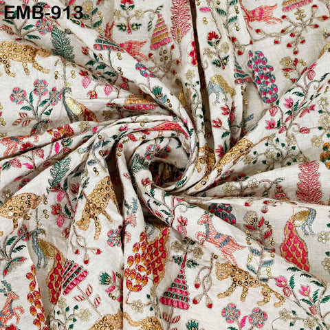 Indian Embroidered Unbleached Cotton Fabric by the Yard Flex Cotton Embroidery Summer Jackets Women Dresses Kids Bags Table Runner Sewing