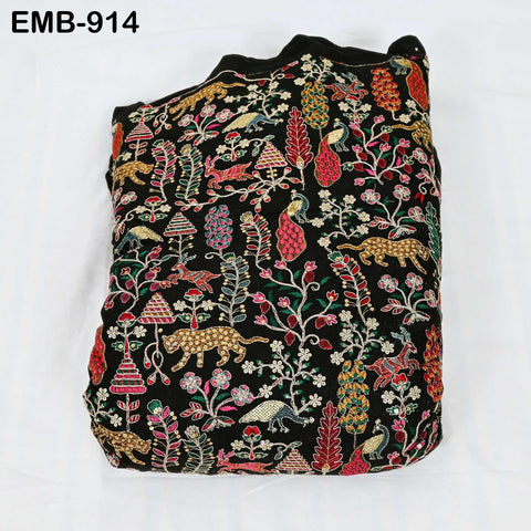 Black Indian Embroidered Unbleached Cotton Fabric by the Yard Flex Cotton Embroidery Summer Longline Jackets Women Dresses Kids Bags Sewing