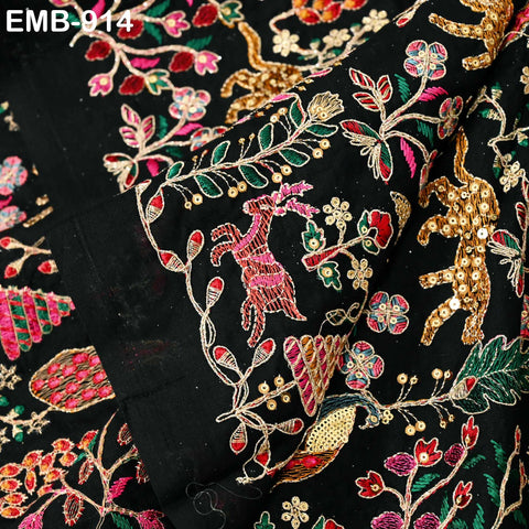 Black Indian Embroidered Unbleached Cotton Fabric by the Yard Flex Cotton Embroidery Summer Longline Jackets Women Dresses Kids Bags Sewing
