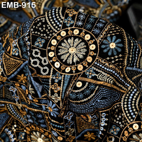 Black Indian Embroidered Velvet Fabric by the yard Sewing DIY Crafting Wedding Dress Costumes Doll Bags Cushion Covers Table Runner Quilting