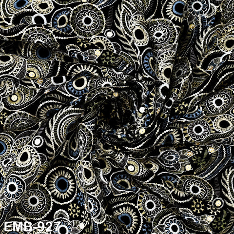 Black Indian Embroidered Velvet Fabric by the yard Sewing DIY Crafting Wedding Shift Dresses Theatrical Costumes Longline Jackets Waistcoats