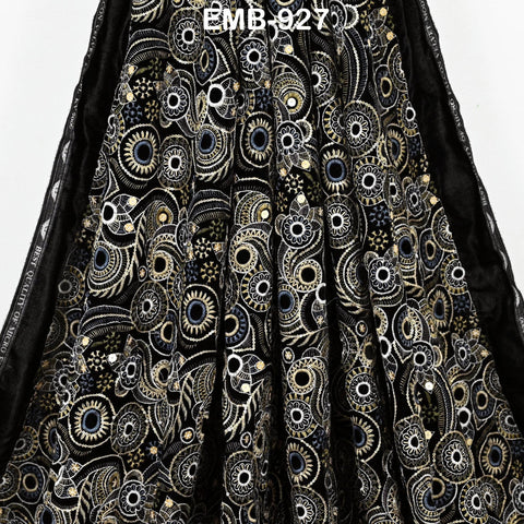 Black Indian Embroidered Velvet Fabric by the yard Sewing DIY Crafting Wedding Shift Dresses Theatrical Costumes Longline Jackets Waistcoats