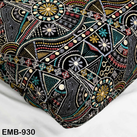 Black Indian Embroidered Velvet Fabric by the yard Sewing DIY Crafting Wedding Shift Dresses Theatrical Costumes Longline Jackets Waistcoats