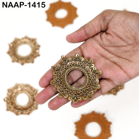 Pack of 15 gold Zardozi round appliques, 2.5 inch sequin embellishments for wedding dresses and festive wear