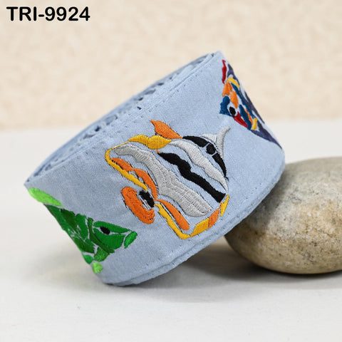 9 Yard Indian Sky Blue Embroidery Ribbon 5 cm Trim Sari Border Crafting Embroidered Decorative Costumes Curtains Home Decor Trimmings