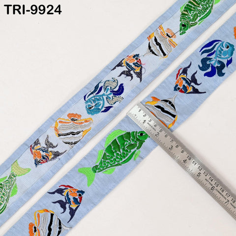 9 Yard Indian Sky Blue Embroidery Ribbon 5 cm Trim Sari Border Crafting Embroidered Decorative Costumes Curtains Home Decor Trimmings