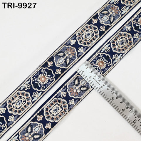9 Yard Blue 4 cm Embroidery Trims Ribbon Indian Sari Border Embroidered Crafting Sewing Costume Tote Bags Tablecloth Lampshade Home Decor