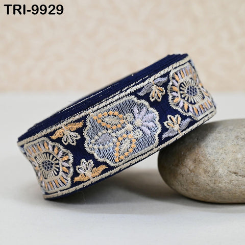 9 Yard Blue 4 cm Embroidery Trims Ribbon Indian Sari Border Embroidered Crafting Sewing Costume Tote Bags Tablecloth Lampshade Home Decor