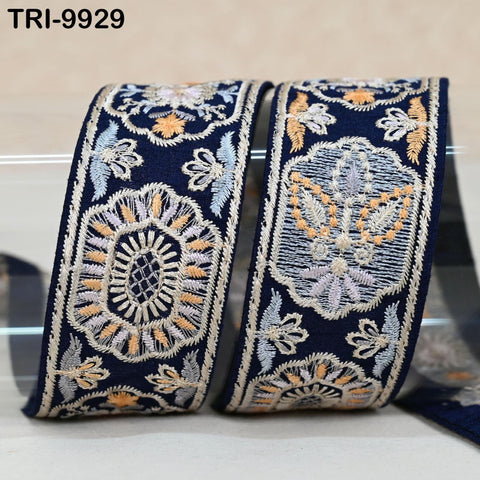 9 Yard Blue 4 cm Embroidery Trims Ribbon Indian Sari Border Embroidered Crafting Sewing Costume Tote Bags Tablecloth Lampshade Home Decor