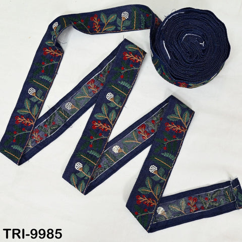 9 Yard Navy Blue Embroidery Ribbon Denim Fabric Trim Embroidered Border Sewing Indian Tote Bags Costumes Christmas Holiday Ornaments 4.5 cm