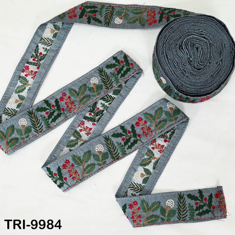 9 Yard Grey Embroidery Ribbon Fabric Trim Embroidered Border Crafting Sewing Indian Tote Bags Costumes Christmas Holiday Ornaments 4.5 cm
