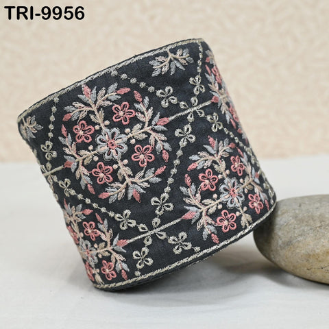 9 Yard Dark Grey Embroidered 10cm Trim Indian Embroidery Ribbons Laces | Sari Border Saree | DIY Crafting Beach Bag Decorative Trimmings