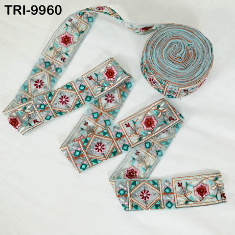 9 Yard Floral Embroidery Ribbon Indian Embroidered Trim Saree Border DIY Crafting Costume Christmas Decoration Embellishment Trimmings 5 cm.
