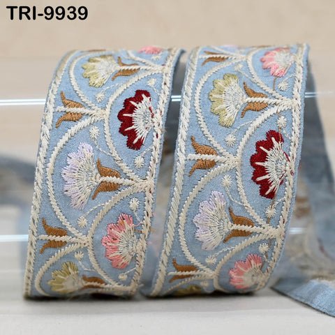 9 Yard Sky Blue 4 cm Embroidery Trim Ribbon Indian Sari Border Embroidered Crafting Sewing Costume Tote Bags Tablecloth Lampshade Home Decor