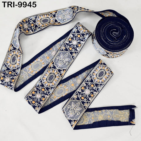 3 Yard Navy Blue Embroidered Crafting Sewing Costume Tote Bags Tablecloth Lampshade Decor 5 cm Embroidery Trims Ribbons Indian Sari Border