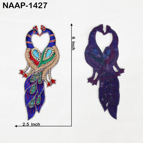 Handmade peacock appliqué on fabric, gold Zardozi embroidery with multicolor accent, size approx 6.5×2.5 inches.