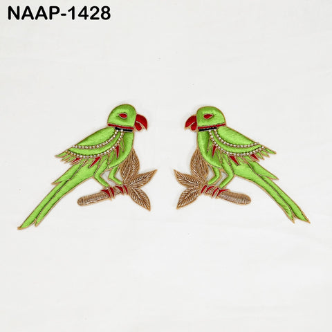 2 Pair Handmade gold peacock & parrot motif appliqué patches with vibrant red and green colors, Indian embroidery crafts supplies.