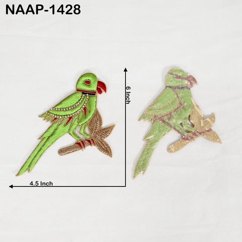 Set of 4 gold Zardozi peacock & parrot appliqués with red, green and gold accents, 11.5 x 6 inches, rough-back for sew-on or glue-on.