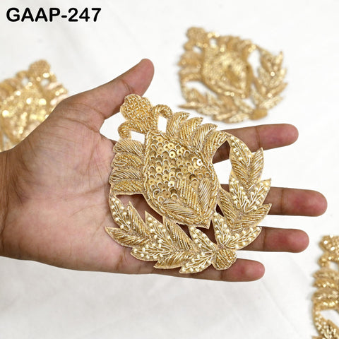 4 Gold Zardozi Appliqué Patches | Handcrafted Indian Embroidery Motifs | Bridal Wear, Costume, Boutique Supply Craft & Home Decor Accessory