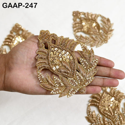 Set of 4 handmade gold Zardozi applique patches in rose-gold, pure gold, antique gold and silver, floral motifs on ivory base.