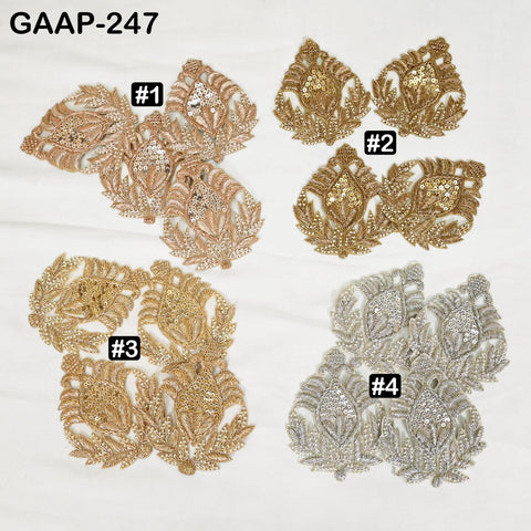 Rose gold, silver & gold Zardozi patches laid out—luxury Indian appliqué set, 4 pieces, approx 4.5×4 inch each.