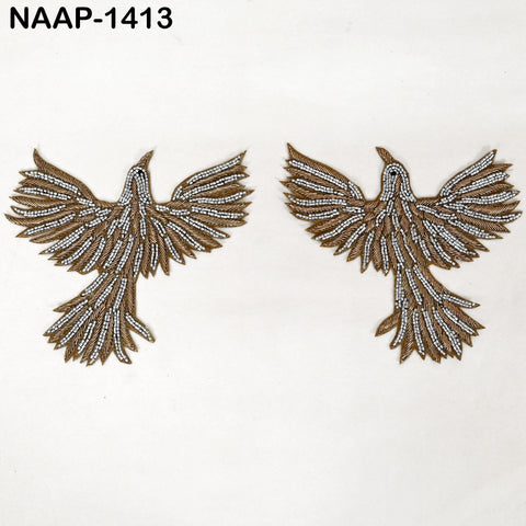 Hand-embroidered flying bird appliqués in grey and gold, set of 4, ideal for jackets, sarees, dupattas or DIY craft decoration.