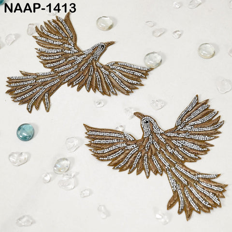 2 Pairs of handmade flying bird appliqués in grey beadwork with golden zari embroidery, rough back for sewing or gluing on fabric.