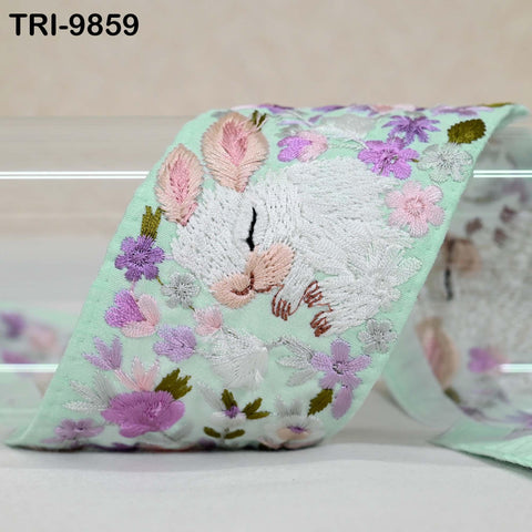 9 Yard Embroidery Rabbit Ribbons 6cm Indian Border Embroidered Crafting Sewing Tablecloth Lampshade Home Decor Costumes Trimmings Ice Green