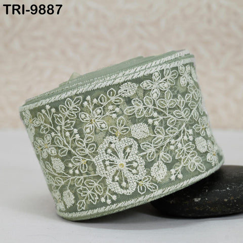 9 Yard Embroidery Ribbons Trim Embellishment Embroidered Saree Border Theatrical Costumes Crafting Sew Holidays Wreaths Decor Greenish Grey