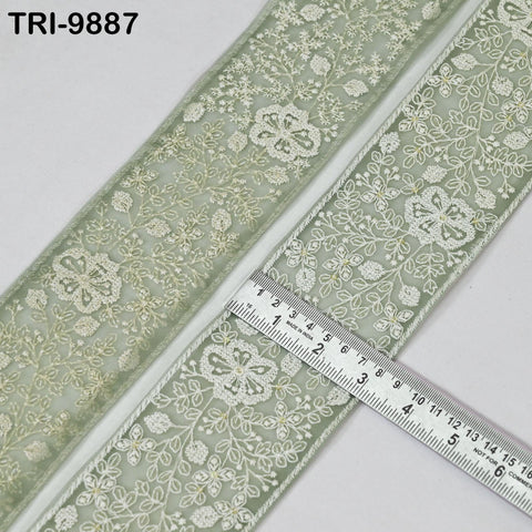 9 Yard Embroidery Ribbons Trim Embellishment Embroidered Saree Border Theatrical Costumes Crafting Sew Holidays Wreaths Decor Greenish Grey