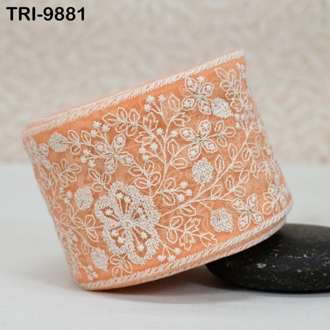 9 Yard Embroidery Ribbons Trim Embellishment Embroidered Saree Border Theatrical Costumes Crafting Sew Holidays Wreaths Decor Peach