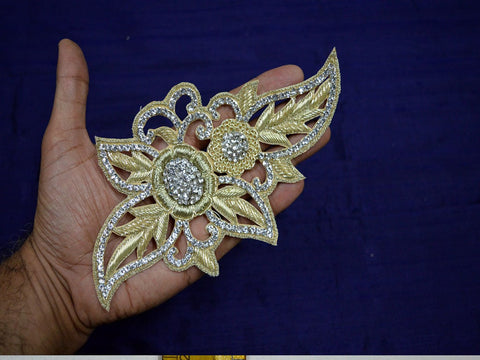 20 cm - 1 Pair of Handmade Rhinestone Dull Gold Patch | Crafting Indian Appliques | Decorative Dresses Patches | Christmas Decor Sewing Supply Applique