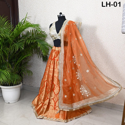 Orange Brocade Banarasi Lehenga Choli with dupatta, Ready-to-Wear Indian Outfit Women Costumes Wedding Bridesmaid Party Engagement, Festival