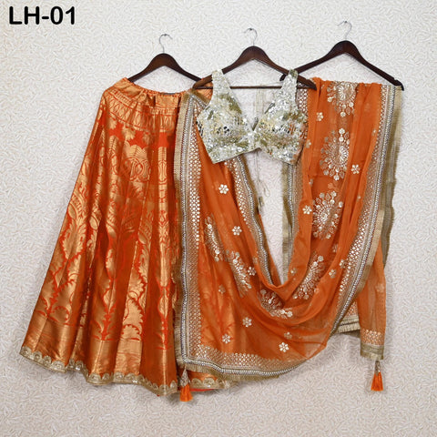 Orange Brocade Banarasi Lehenga Choli with dupatta, Ready-to-Wear Indian Outfit Women Costumes Wedding Bridesmaid Party Engagement, Festival
