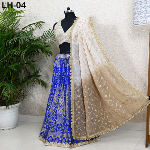 Blue Brocade Banarasi Lehenga Choli with dupatta - Ready-to-Wear Indian Outfit Women Costumes Wedding Bridesmaid Party Engagement, Festival