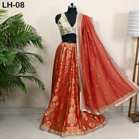 Red Brocade Banarasi Lehenga Choli with dupatta - Ready-to-Wear Indian Outfit Women Costumes Wedding Bridesmaid Party Engagement, Festival