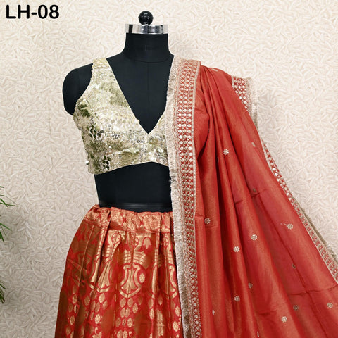 Red Brocade Banarasi Lehenga Choli with dupatta - Ready-to-Wear Indian Outfit Women Costumes Wedding Bridesmaid Party Engagement, Festival