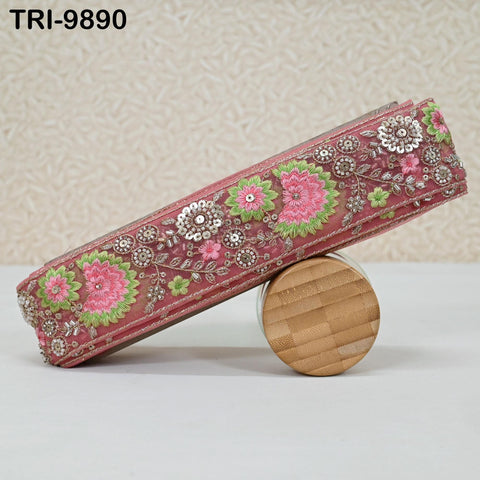 9 Yard Pink Embroidery Ribbon Beaded Trims Sari Border DIY Craft Lampshade Regency Reticules Victorian Handbags Junk Journal 5cm Indian