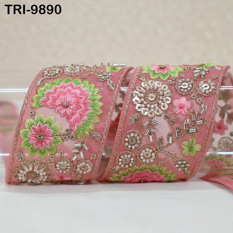 9 Yard Pink Embroidery Ribbon Beaded Trims Sari Border DIY Craft Lampshade Regency Reticules Victorian Handbags Junk Journal 5cm Indian