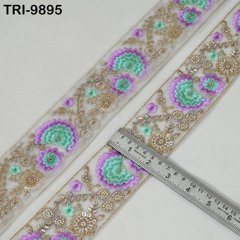 9 Yard Lavender Embroidery Ribbon Beaded Trims Sari Border DIY Craft Lampshade Regency Reticules Victorian Handbags Junk Journal 6cm Indian
