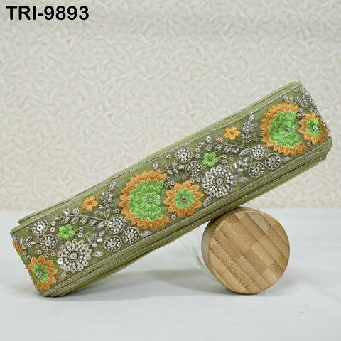 9 Yard Green Regency Reticules Victorian Handbags Junk Journal 6cm Indian Embroidery Ribbon Beaded Trims Sari Border DIY Craft Lampshade