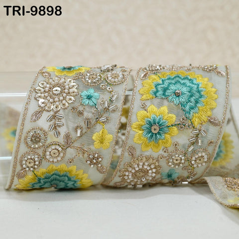 9 Yard Yellow Embroidery Ribbon Beaded Trims Sari Border DIY Craft Lampshade Regency Reticules Victorian Handbags Junk Journal 6cm Indian