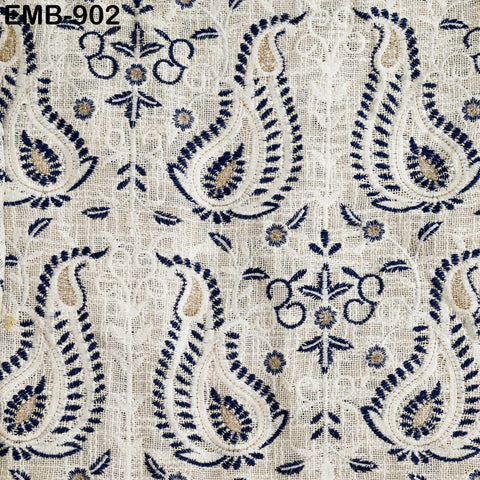 60'' Blue Indian Unbleached Cotton Embroidered Chennile Slub Fabric by the yard Sewing Crafting Jackets Bags Upholstery Bedcovers Quilting