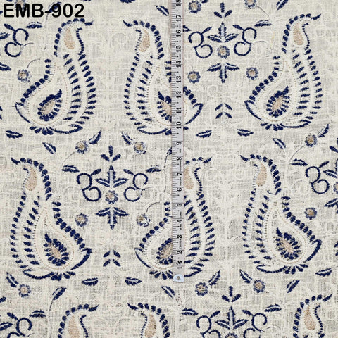 60'' Blue Indian Unbleached Cotton Embroidered Chennile Slub Fabric by the yard Sewing Crafting Jackets Bags Upholstery Bedcovers Quilting