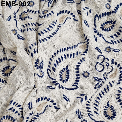 60'' Blue Indian Unbleached Cotton Embroidered Chennile Slub Fabric by the yard Sewing Crafting Jackets Bags Upholstery Bedcovers Quilting