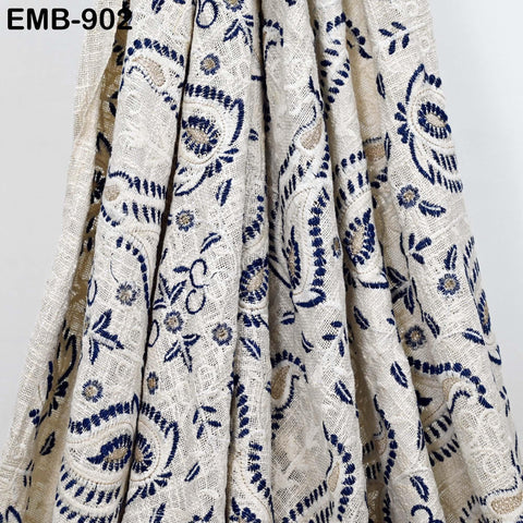 60'' Blue Indian Unbleached Cotton Embroidered Chennile Slub Fabric by the yard Sewing Crafting Jackets Bags Upholstery Bedcovers Quilting