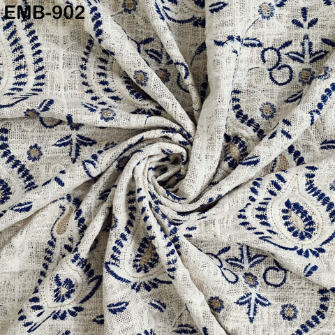 60'' Blue Indian Unbleached Cotton Embroidered Chennile Slub Fabric by the yard Sewing Crafting Jackets Bags Upholstery Bedcovers Quilting