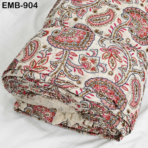 60'' Maroon Indian Unbleached Cotton Embroidered Chennile Slub Fabric by the yard Sewing Crafting Jackets Bags Upholstery Bedcovers Quilting