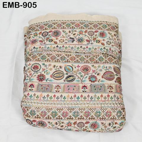 Beige Indian Embroidered Cotton Fabric by the Yard Flex Cotton Embroidery Summer Dresses Party Costumes Bags Table Runner Sewing Crafting